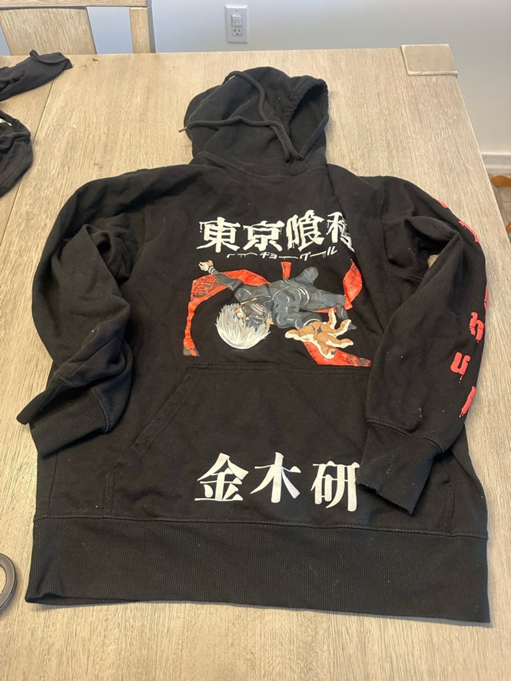 Black Graphic Crewneck Hoodie Sweater with Red Anime Print